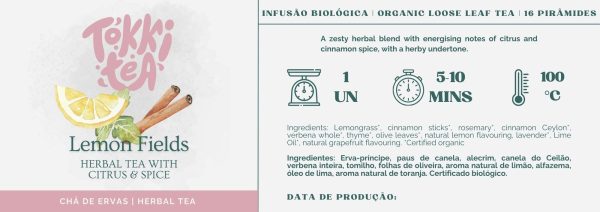 Lemon Fields organic herbal tea pyramid bags label by Tokki Tea Portugal