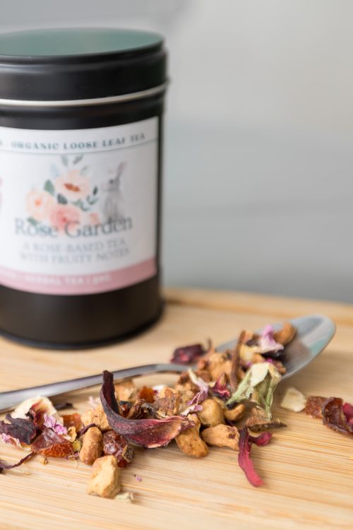 Organic loose leaf fruit tea with rose by Tokki Tea