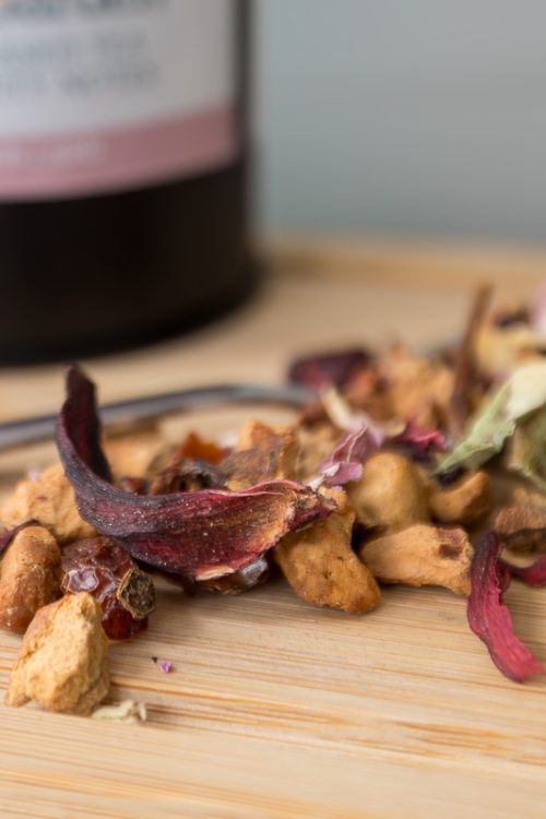 Organic loose leaf fruit tea with rose by Tokki Tea