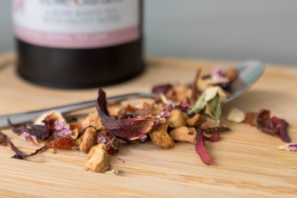 Organic loose leaf fruit tea with rose by Tokki Tea