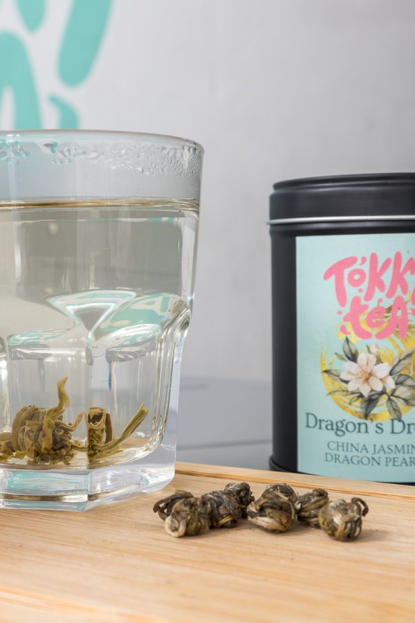 Organic jasmine dragon pearl tea in a resusable tin by Tokki Tea